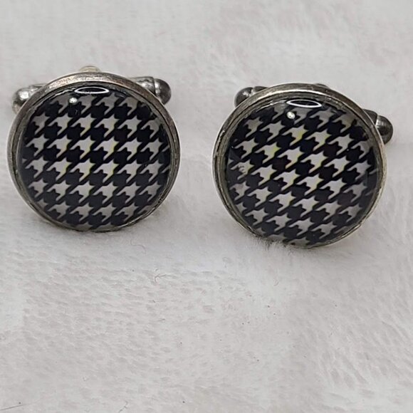 Vintage Houndstooth Pattern Round Cufflinks Black White Silver Tone - Picture 4 of 8